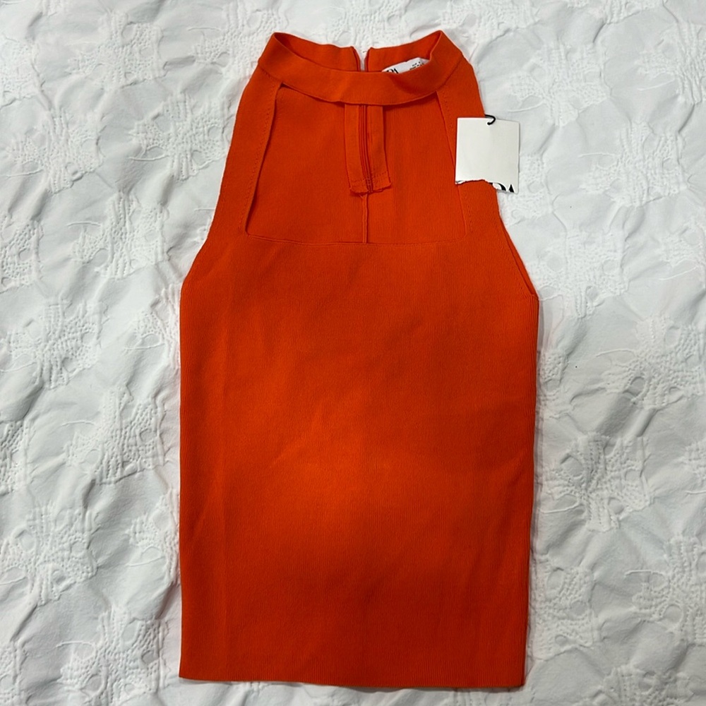 Zara Orange High-Neck Sleeveless Tank Top
